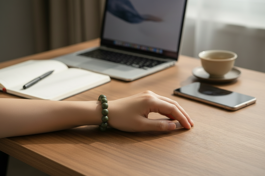 A handcrafted incense bead bracelet resting on a wrist at an office desk with a laptop, smartphone, and notebook, representing subtle aromatherapy jewelry for a calming workday ritual