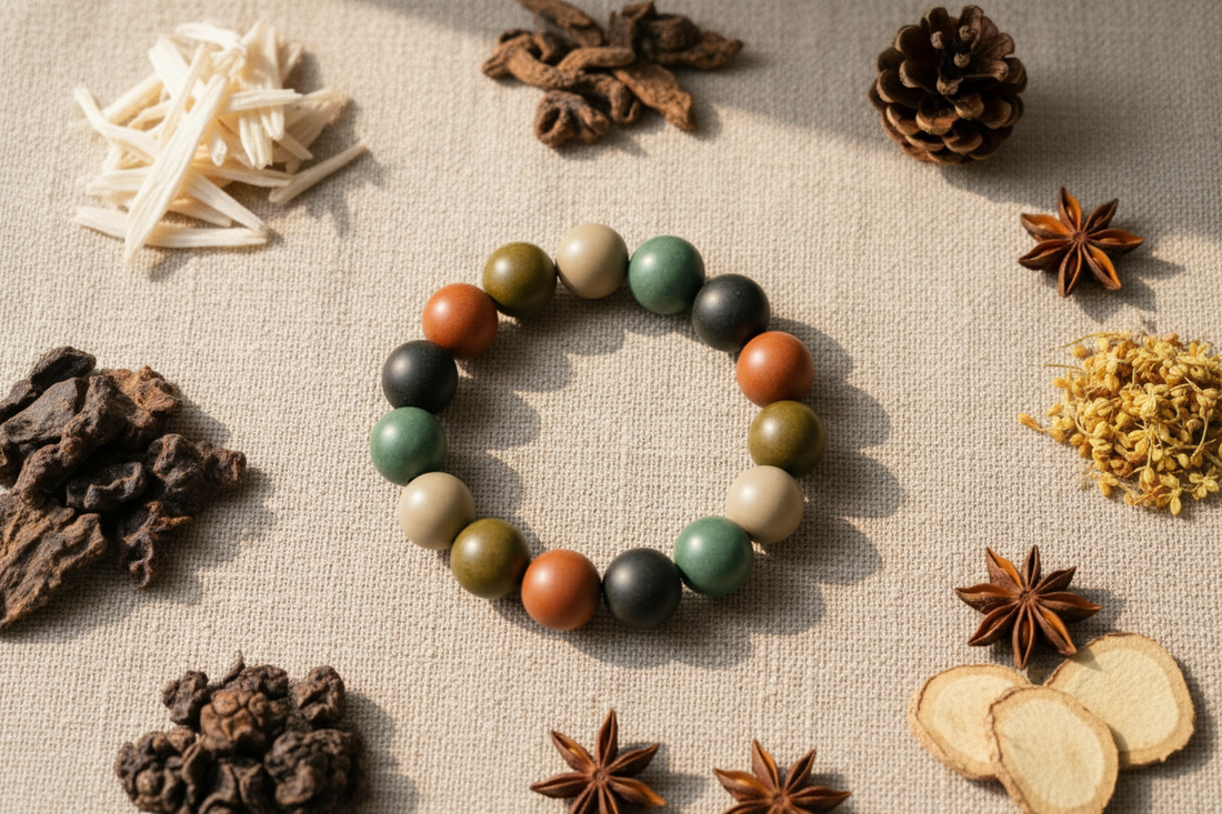 Oriavue Five Elements handmade incense bead bracelet surrounded by traditional Chinese herbs including sandalwood and agarwood, representing the Wu Xing philosophy of balance and harmony