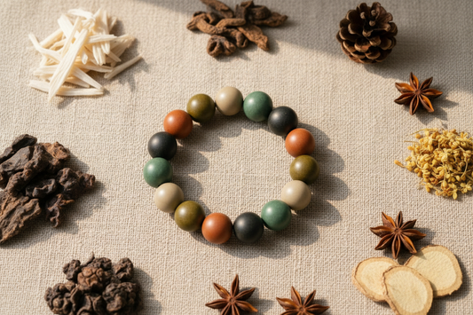 Oriavue Five Elements handmade incense bead bracelet surrounded by traditional Chinese herbs including sandalwood and agarwood, representing the Wu Xing philosophy of balance and harmony