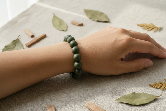 Four-Seasons Clarity herbal incense bead bracelet worn on a wrist with scattered sandalwood chips and dried botanicals by Oriavue