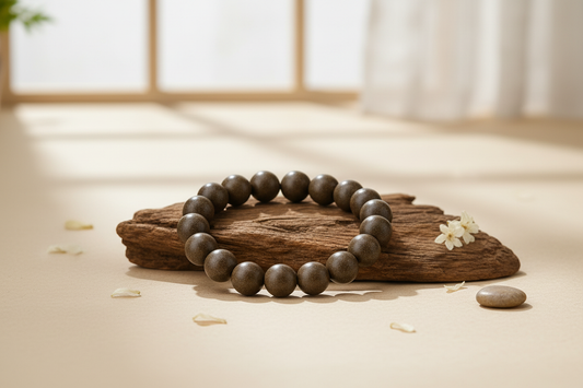 Traditional Eastern herbal incense bead bracelet on a minimal background - Oriavue eco-luxury heritage jewelry gift