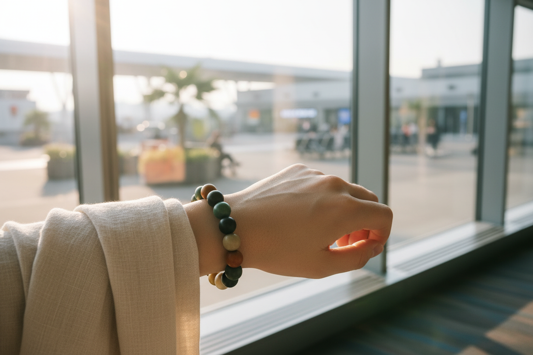 Handmade herbal incense bead bracelet worn by a traveler resting by an airport window in soft morning light for mindful, calm travel