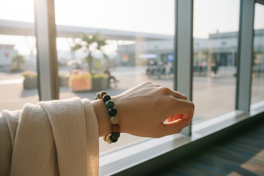 Handmade herbal incense bead bracelet worn by a traveler resting by an airport window in soft morning light for mindful, calm travel