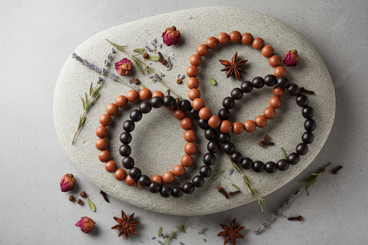 Handmade Chinese incense bead bracelets with dried herbs and botanicals by Oriavue