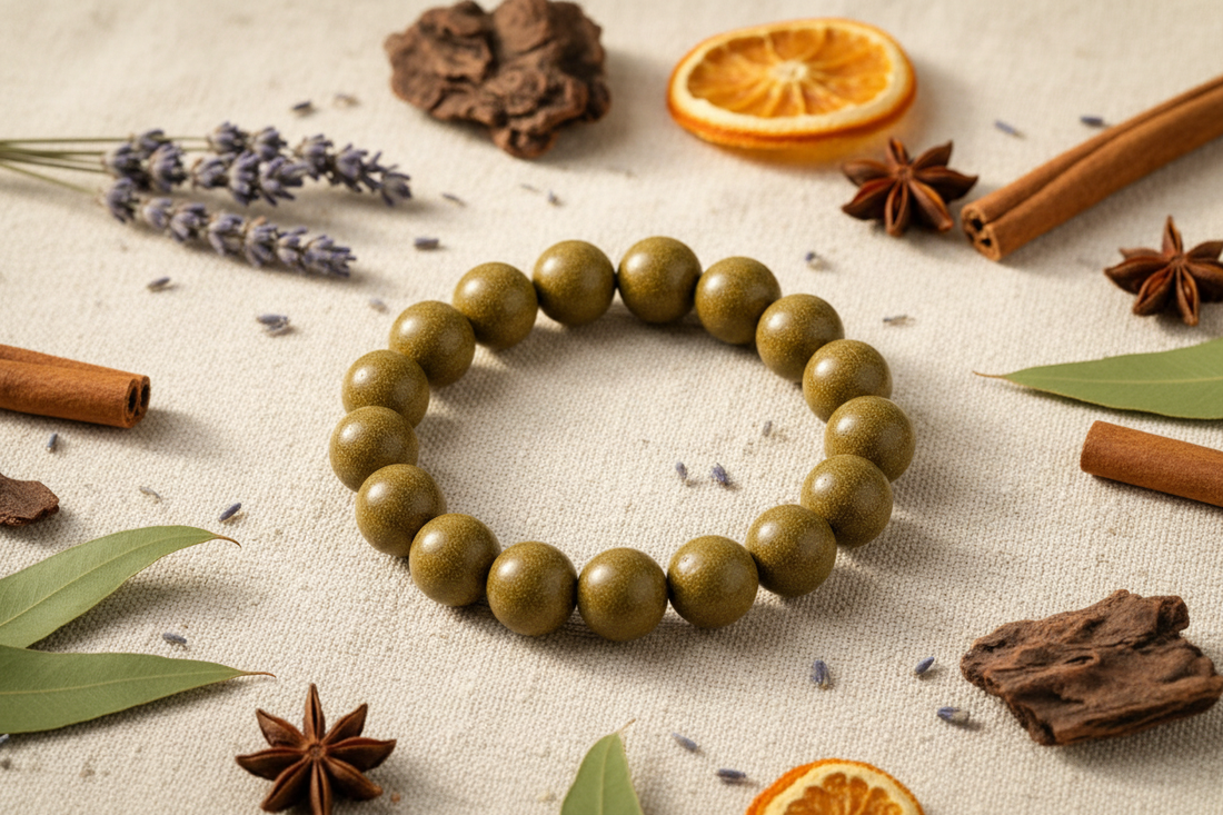 Handmade herbal incense bead bracelet on natural linen cloth with dried botanicals and wooden elements