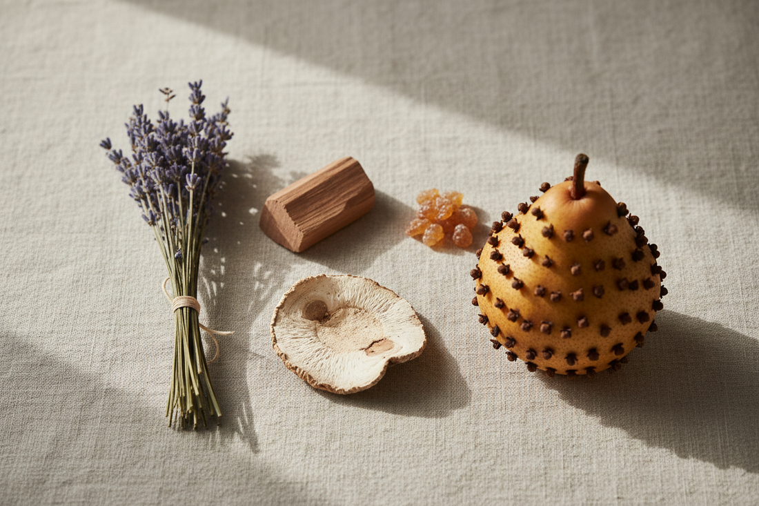 Five natural herbal aromatics for sleep — lavender, sandalwood, frankincense, Fu Shen, and fragrant pear arranged on linen