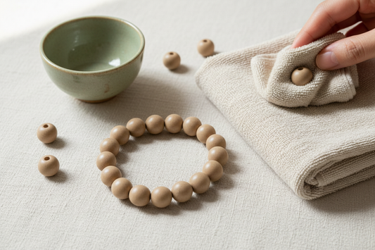 A handmade incense clay bead bracelet on linen fabric being gently patted dry with a soft cloth, with a ceramic bowl and loose botanical beads nearby