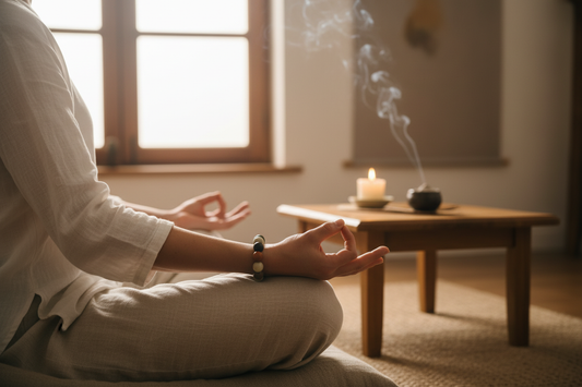 Person meditating with a handcrafted Five Elements incense bead bracelet on their wrist, surrounded by candlelight and incense smoke