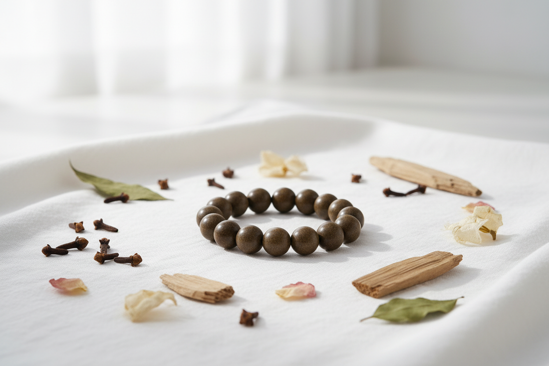 Handmade aromatic wood bead bracelet on white linen with dried botanicals — eco-luxury herbal incense jewelry by Oriavue