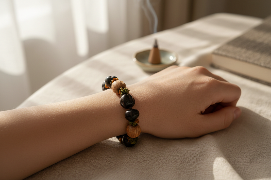 Herbal incense bead bracelet worn on wrist in soft morning light for daily aromatherapy and stress relief
