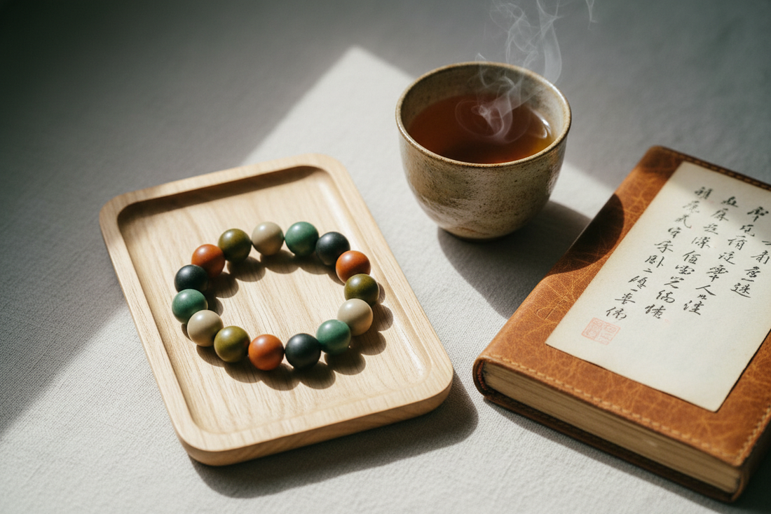 A handmade herbal incense bead bracelet resting in a calming, zen-like setting, representing a mindful and meaningful gift alternative to traditional jewelry